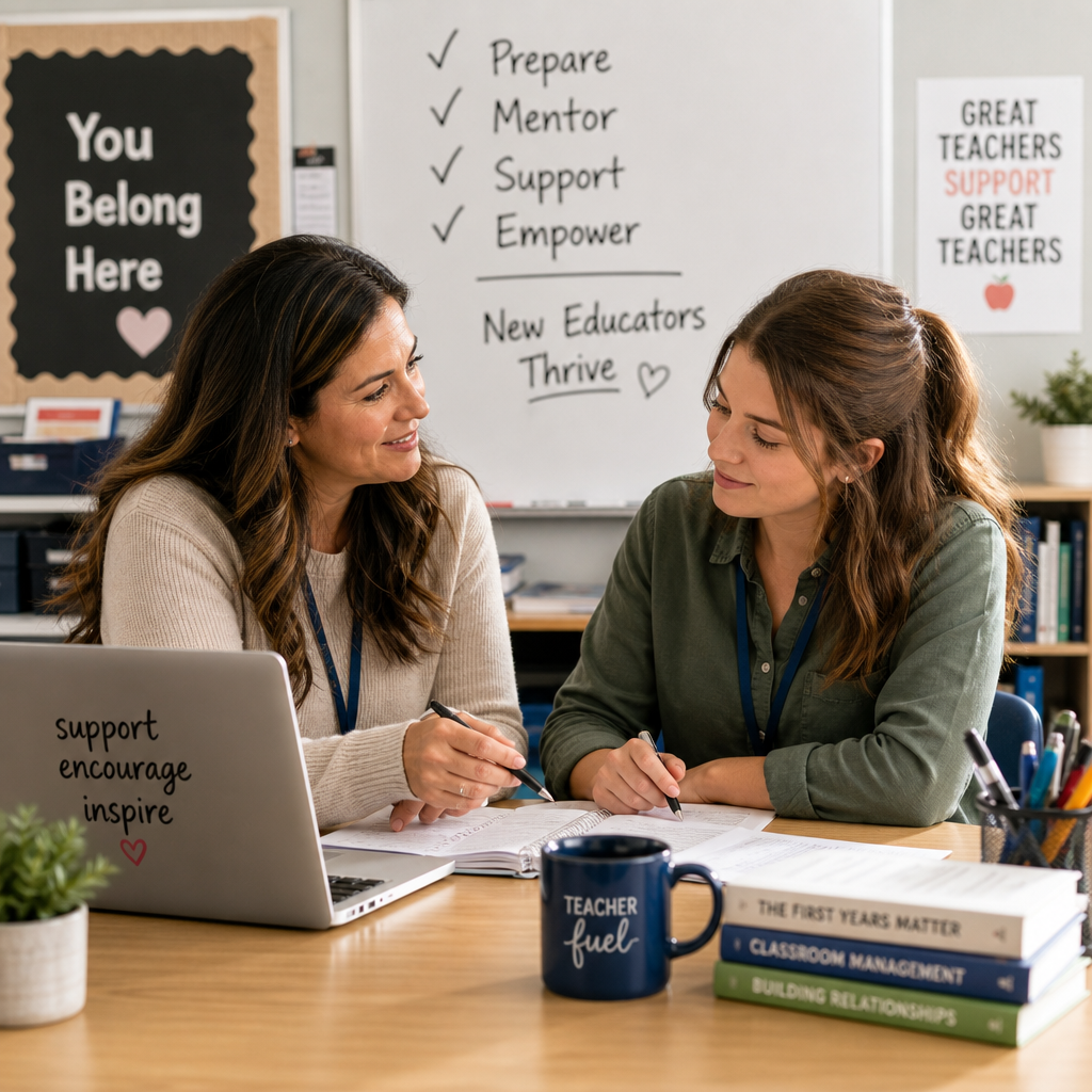 Two educators collaborating in a classroom, discussing teacher preparation and mentorship for new teachers