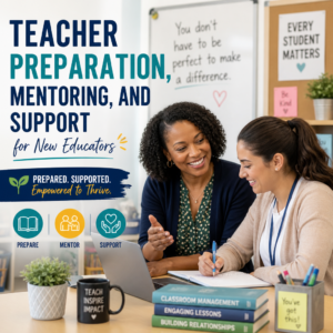 Mentor guiding a new teacher with classroom preparation materials and support resources