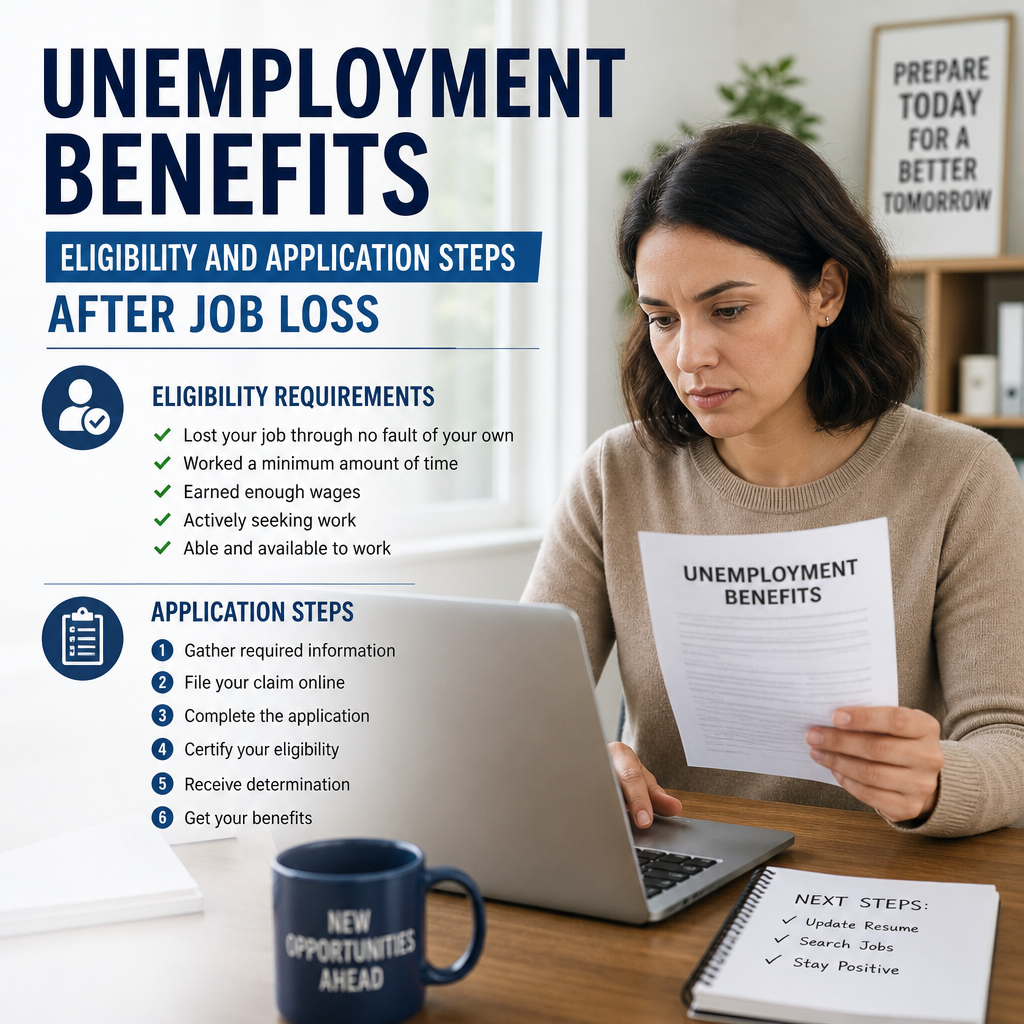 Woman applying online for unemployment benefits with eligibility and application steps guide open on screen