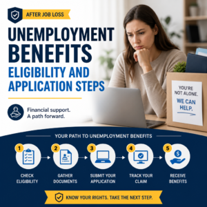 Infographic showing unemployment benefits eligibility and step-by-step application process after job loss