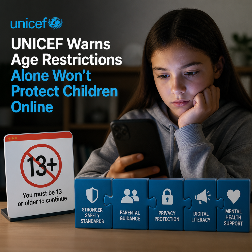 UNICEF graphic highlighting that age checks alone won’t protect children online; safer platform design is needed