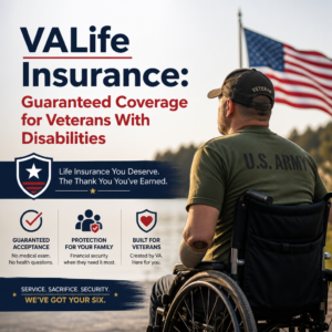 Veteran in a wheelchair wearing a U.S. Army shirt with an American flag promoting VALife Insurance