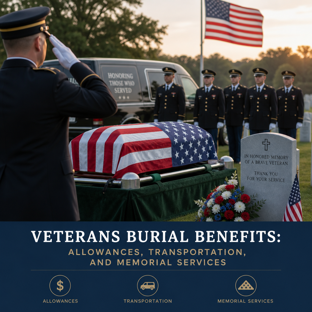 Infographic on veterans burial benefits, including allowances, transportation, memorial services, and honor guard.