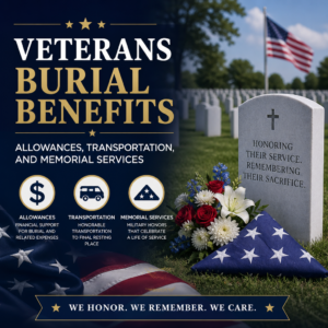 Veterans burial benefits graphic with American flag, cemetery background, and text on allowances, transportation, and memoria