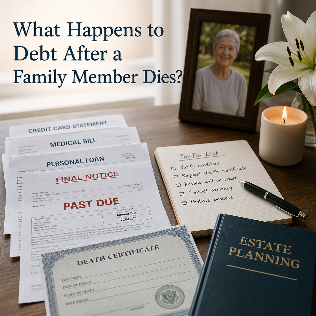 Estate planning documents, bills, and a death certificate arranged on a desk with a to-do list about debt.