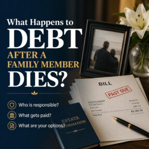 Informative graphic explaining what happens to debt after a family member dies and possible repayment options