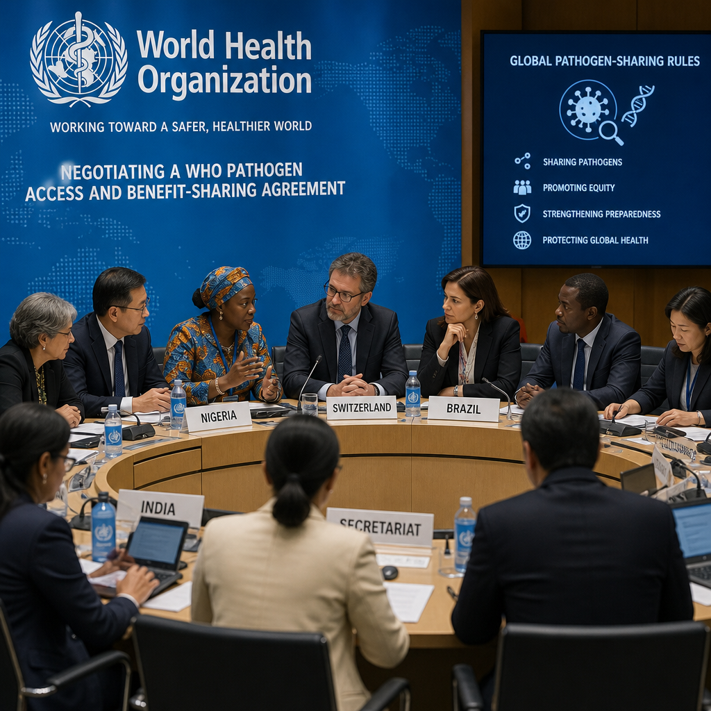 WHO delegates from various countries negotiating global pathogen-sharing rules during a meeting