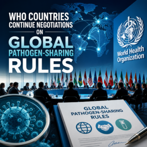 WHO delegates negotiate global pathogen-sharing rules, with virus imagery in the background.