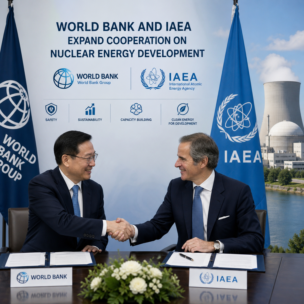 World Bank and IAEA officials shaking hands to expand cooperation on nuclear energy development
