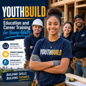Young adults in a YouthBuild program getting construction and skilled trades training with an instructor